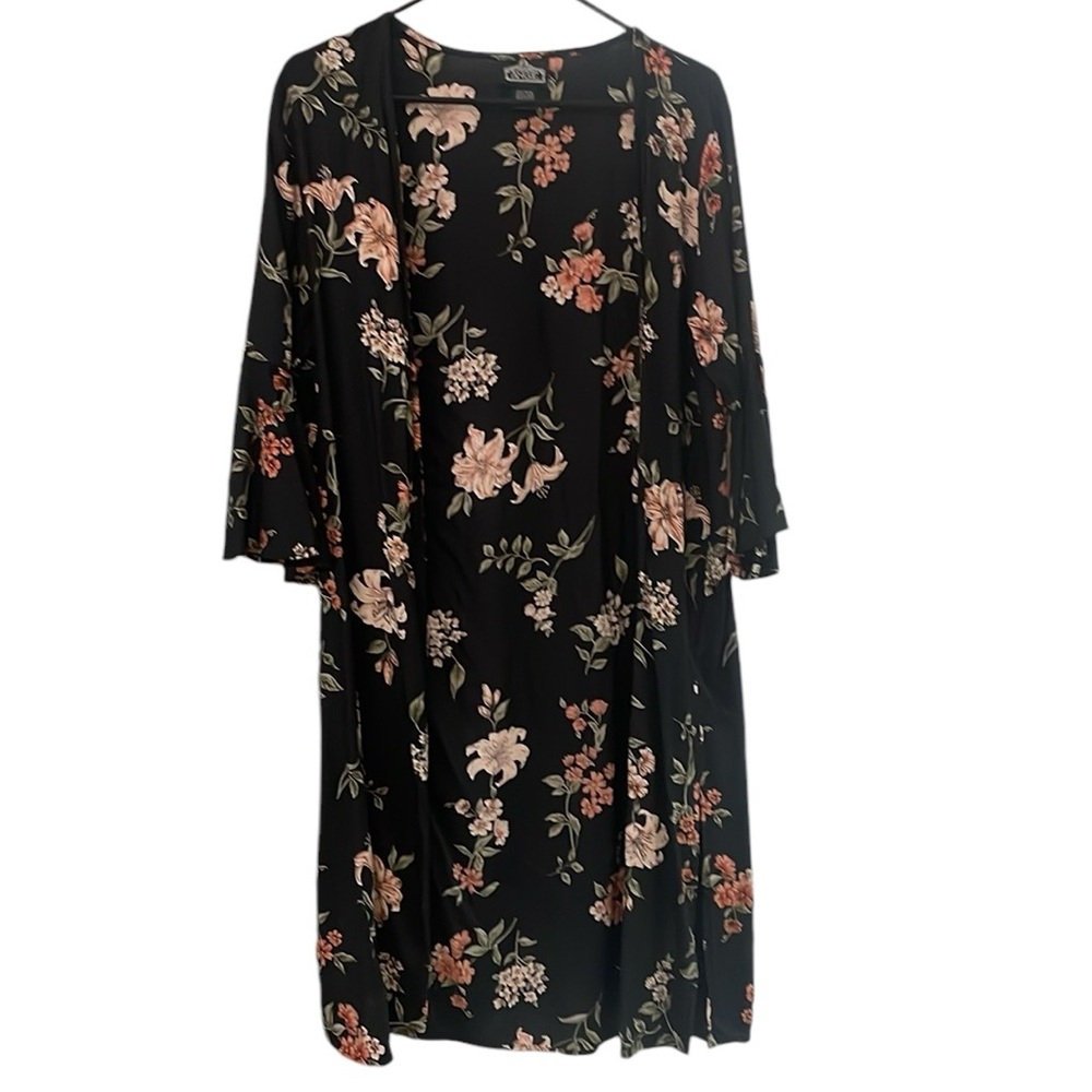 Angie Black Floral 3/4 Sleeve Long Duster Cape Wrap Open No Button M Medium Fall